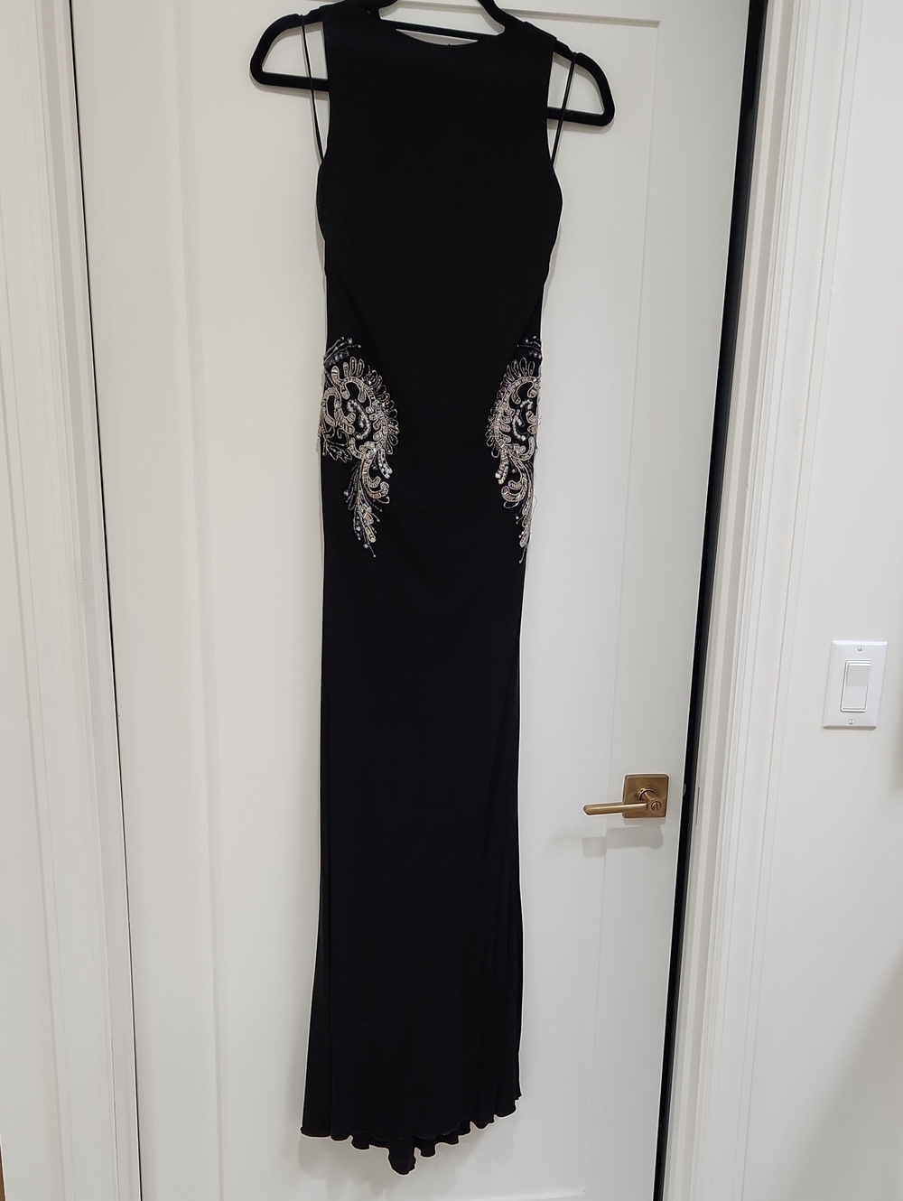 Badgley Mischka Black Maxi Dress with Silver Beaded Side Appliqués
